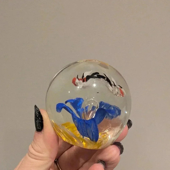 Czech Handcrafted Glass Paperweight with Blue and Yellow Design - Picture 9 of 10